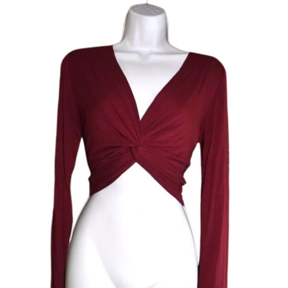 Jac Parker Blouse Womens Size Medium Long Sleeve Cropped Red V Neck - Picture 1 of 7